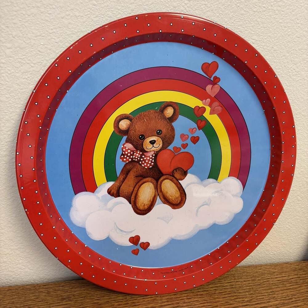 Vintage Teddy Bear Rainbow Hearts Metal Serving Tray Decorative Collectible 12"